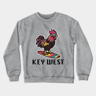 Key West Florida - Surfing Rooster (with Black Lettering) Crewneck Sweatshirt